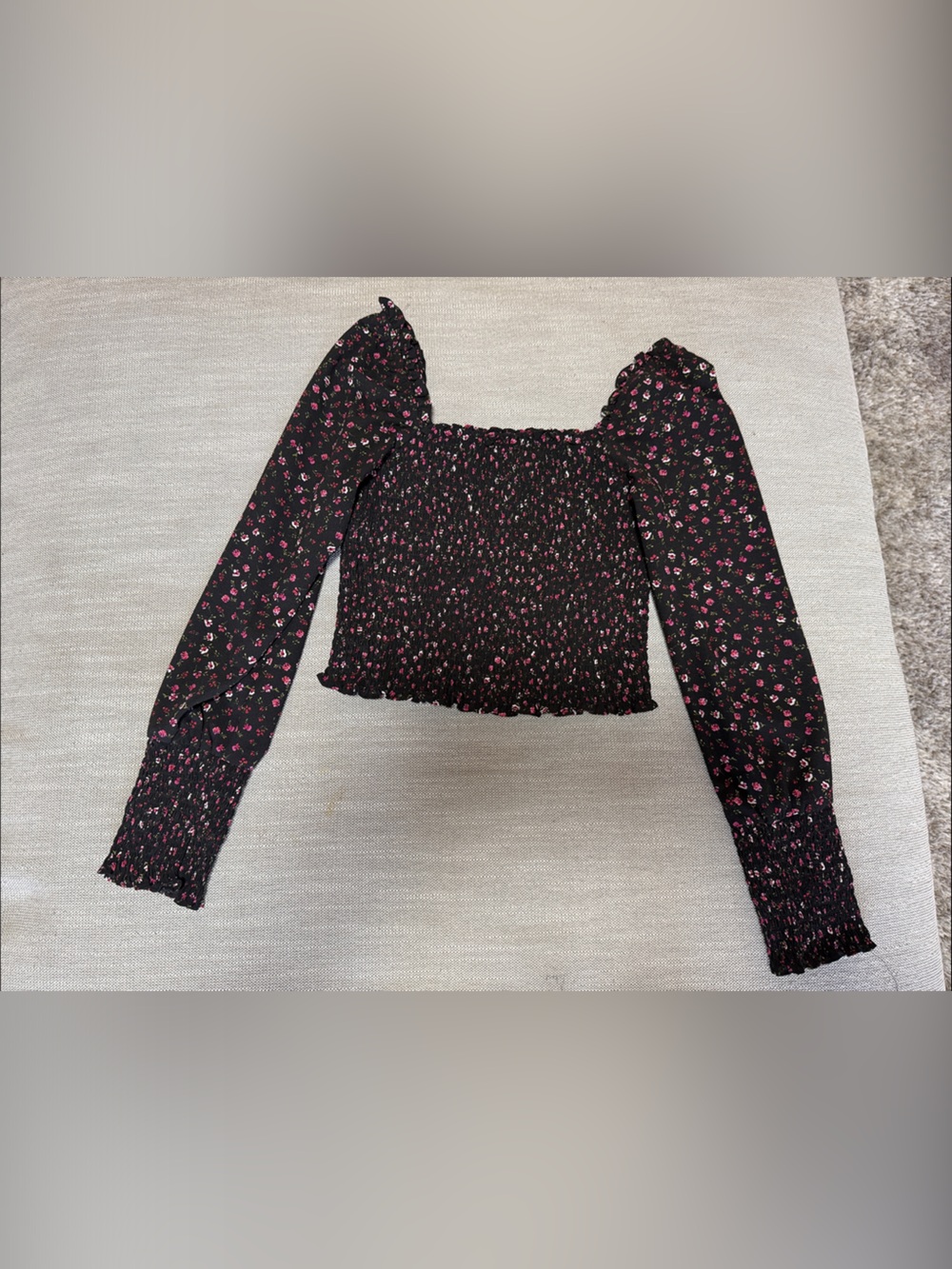 STATE Black Floral Smocked Top with Pink Accents